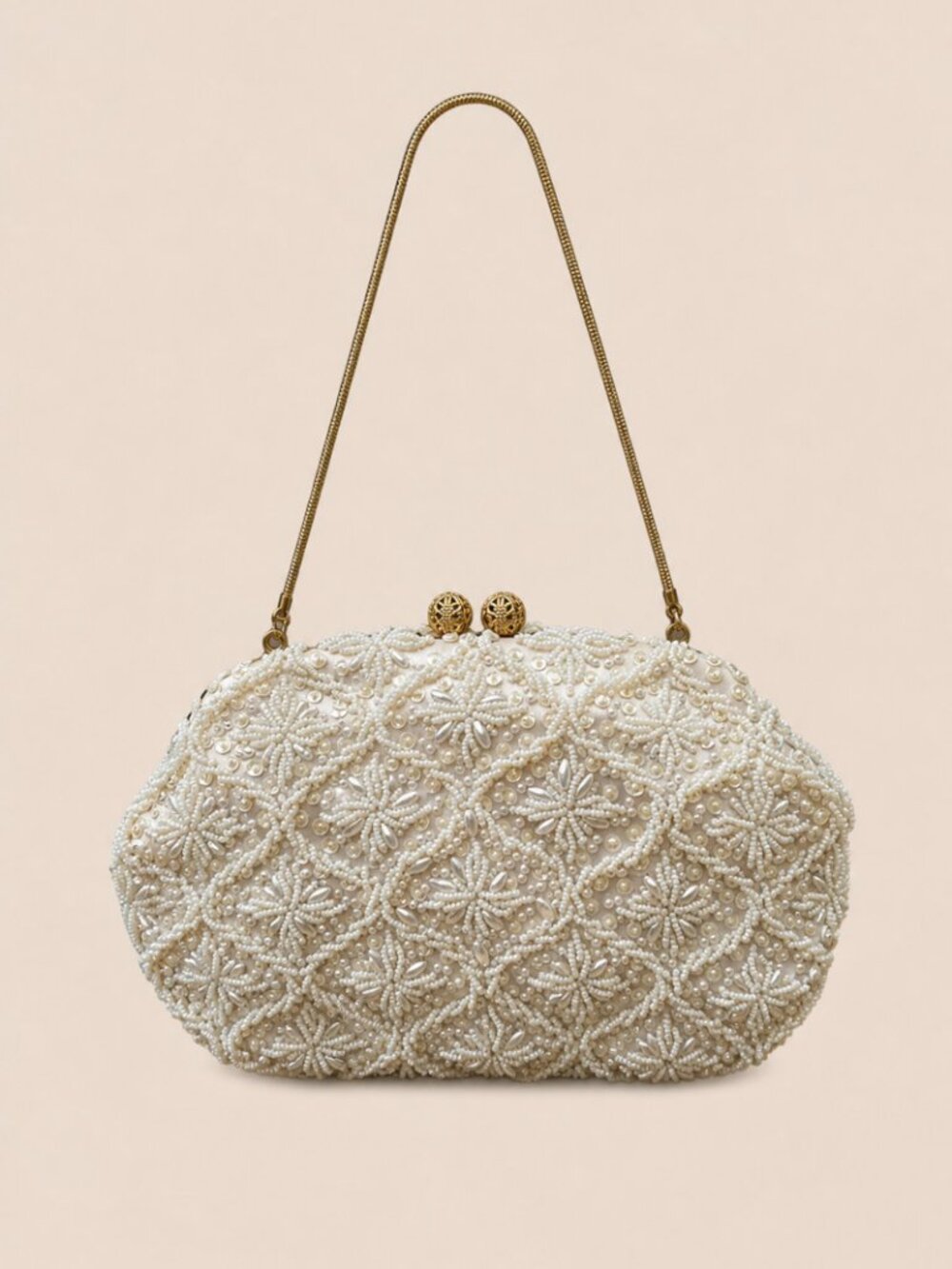 Vintage Hong Kong Hand Beaded Ivory Clutch Evening Bag Bridal Wedding